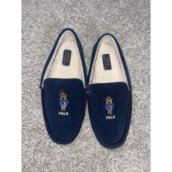 Polo‎ Ralph Lauren Collins Apre Ski Bear Slippers Leather Faux Fur Lining Mens 8 - Picture 1 of 7